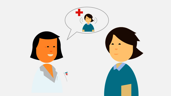 Illustration of audiologist speaking with tinnitus patient with red cross icon above