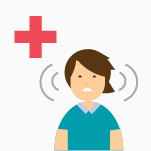 Illustrated icon of tinnitus patient with red cross symbol above